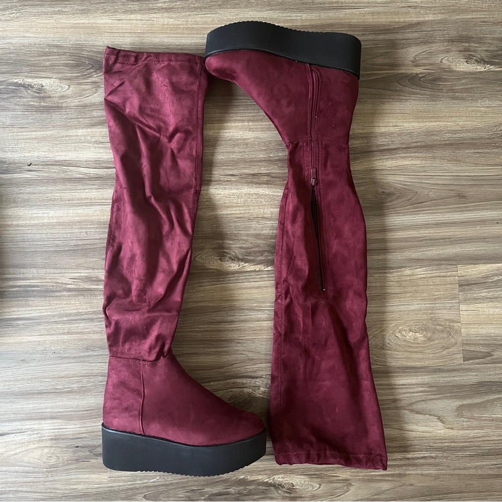 Burgundy Over the Knee Flatform Boots